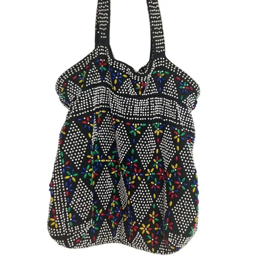 Vintage 70s Candy Dot Drawstring Purse Micro Beaded Mr Jonas Made in Hong Kong